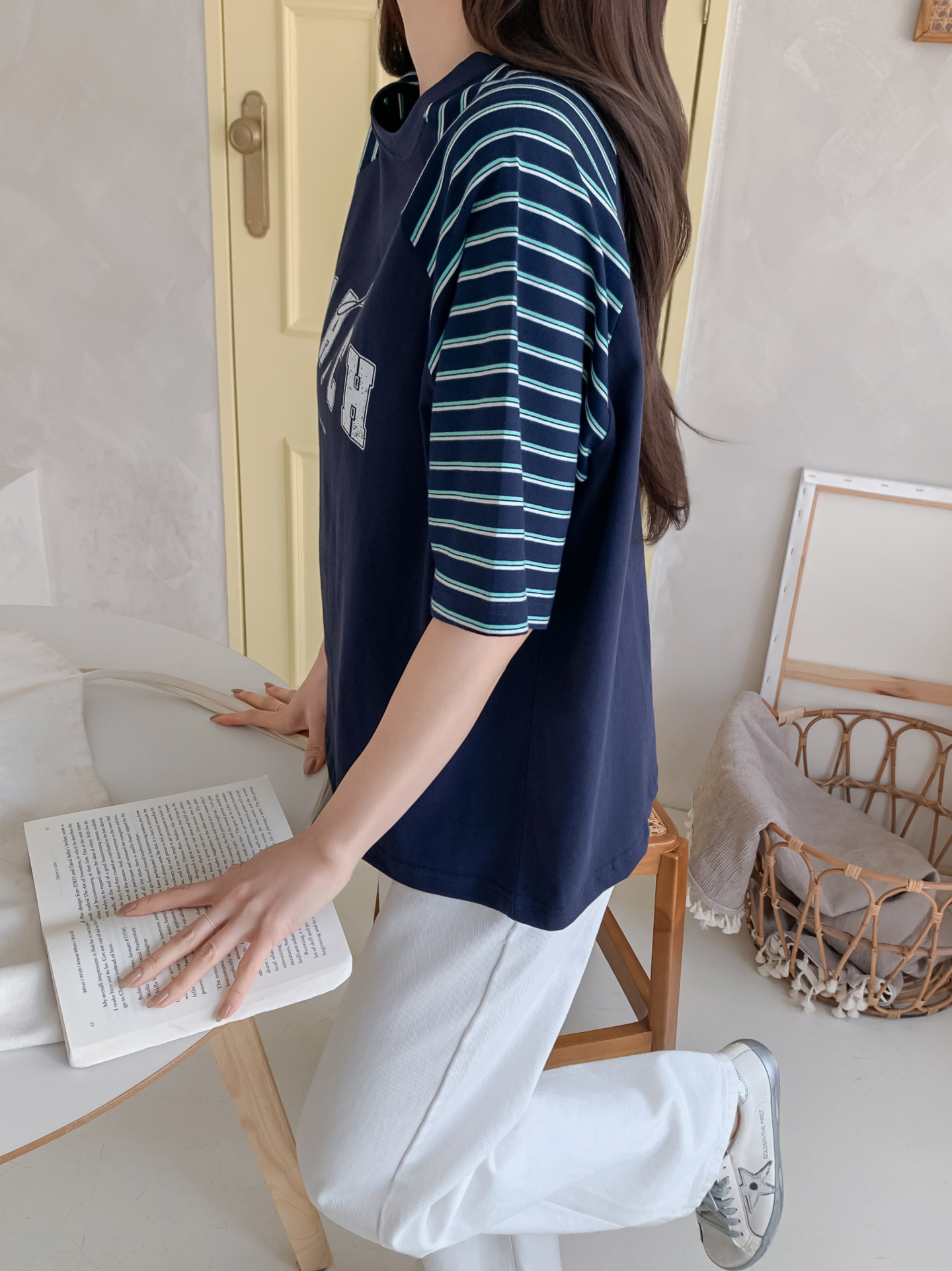 コットンラウンドネックラグランルーズ半袖プリントボーダーTシャツ | 詳細画像28