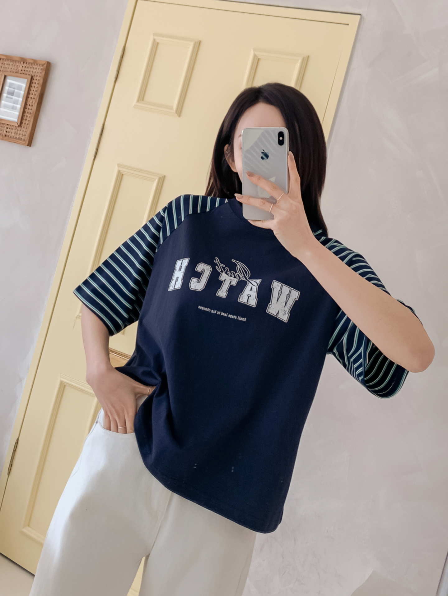 コットンラウンドネックラグランルーズ半袖プリントボーダーTシャツ | 詳細画像30