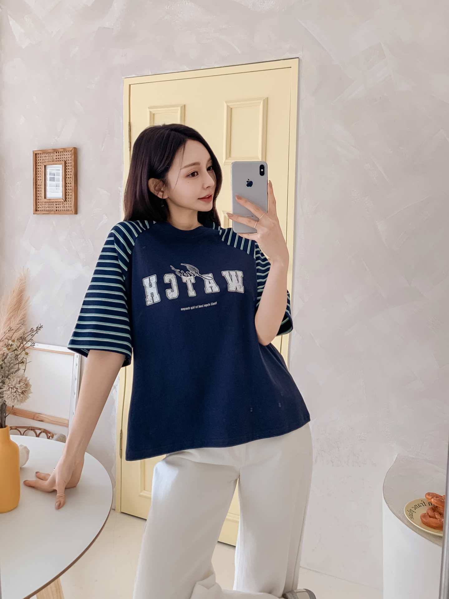 コットンラウンドネックラグランルーズ半袖プリントボーダーTシャツ | 詳細画像31