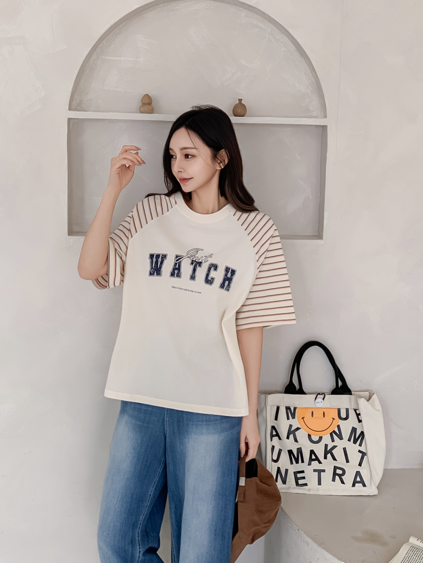 コットンラウンドネックラグランルーズ半袖プリントボーダーTシャツ | 詳細画像5