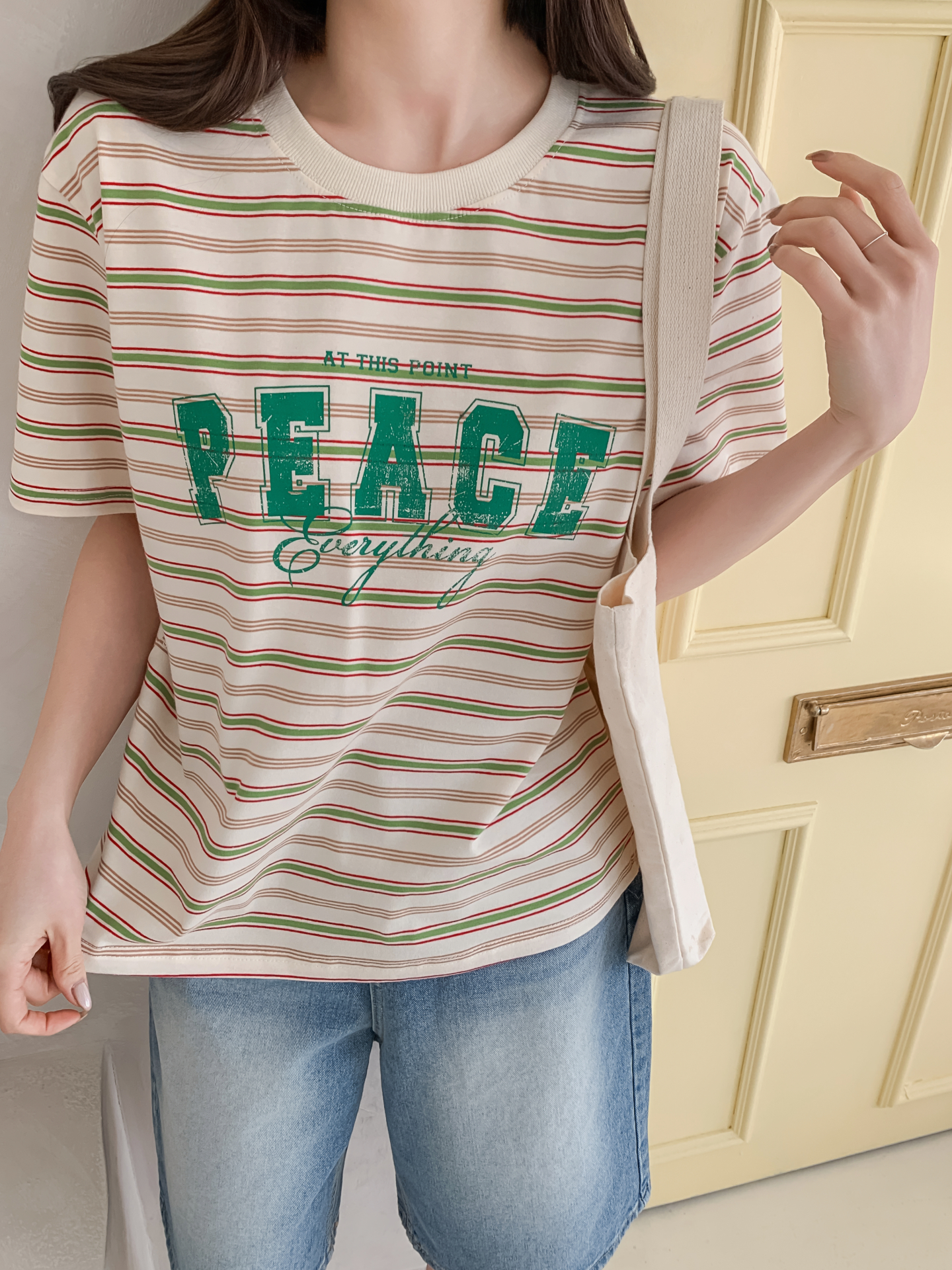 ラウンドネックルーズ半袖プリントボーダーTシャツ | 詳細画像4