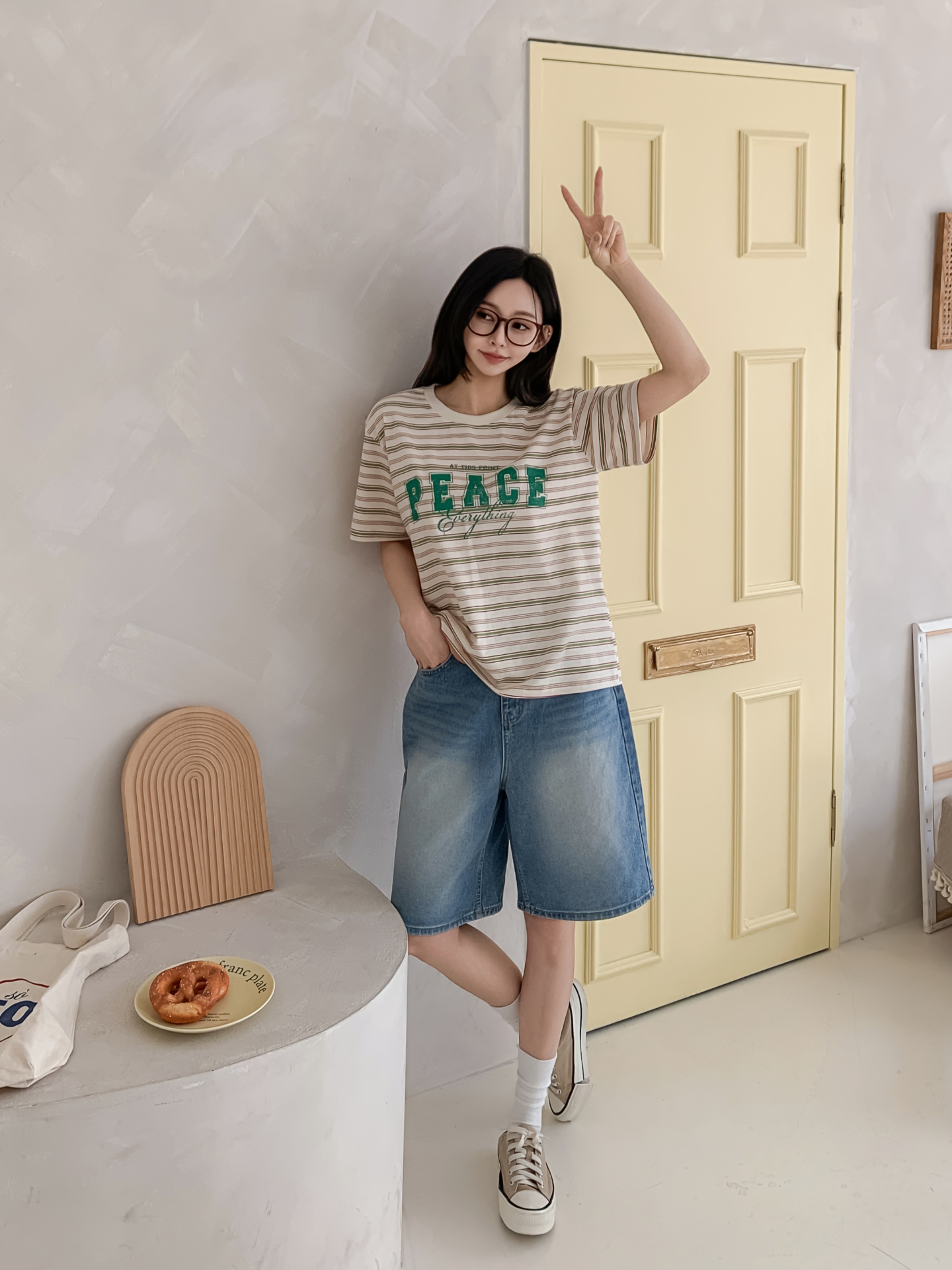 ラウンドネックルーズ半袖プリントボーダーTシャツ | 詳細画像13