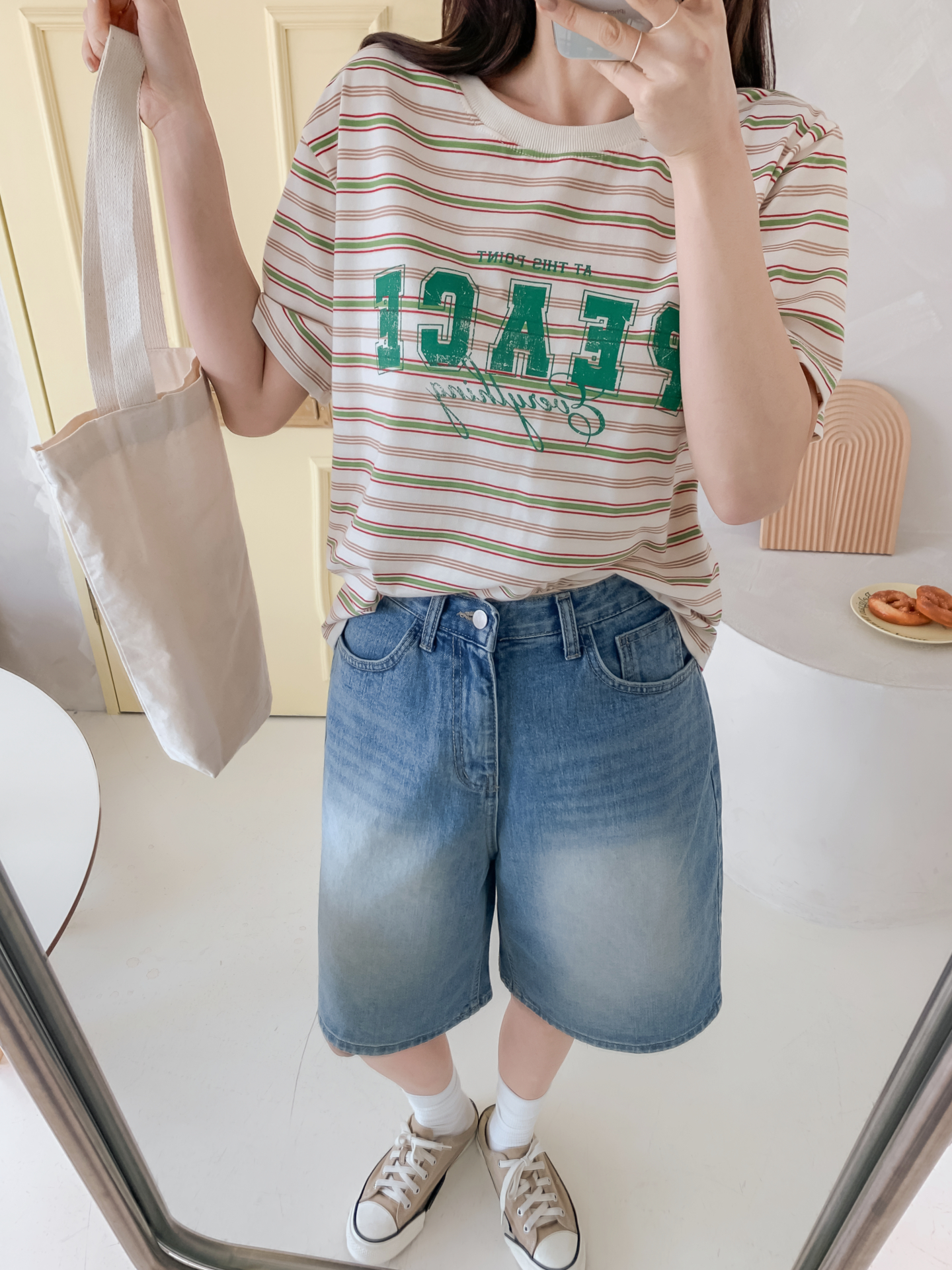 ラウンドネックルーズ半袖プリントボーダーTシャツ | 詳細画像16