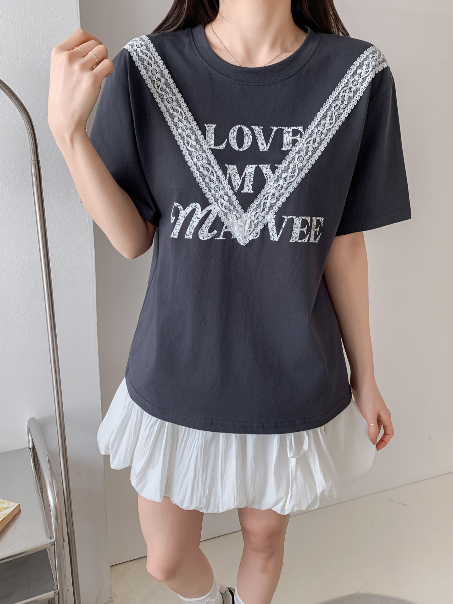 ラウンドネック半袖レタリングレースTシャツ | 詳細画像3