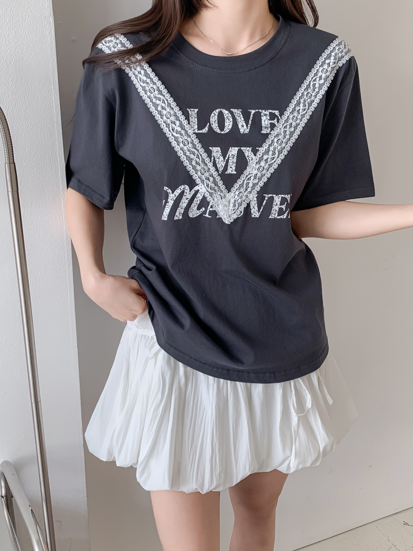 ラウンドネック半袖レタリングレースTシャツ | 詳細画像5