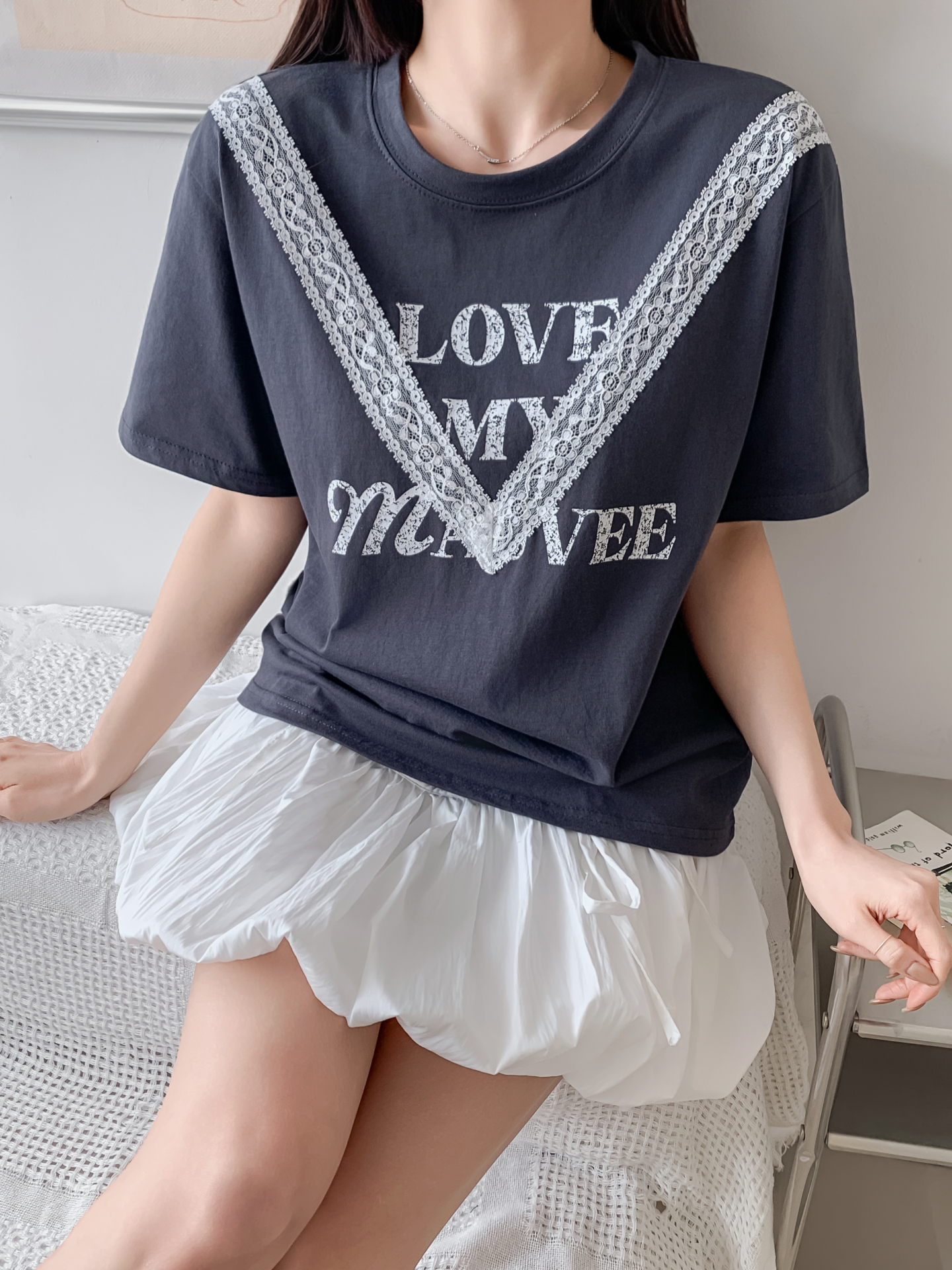 ラウンドネック半袖レタリングレースTシャツ | 詳細画像7