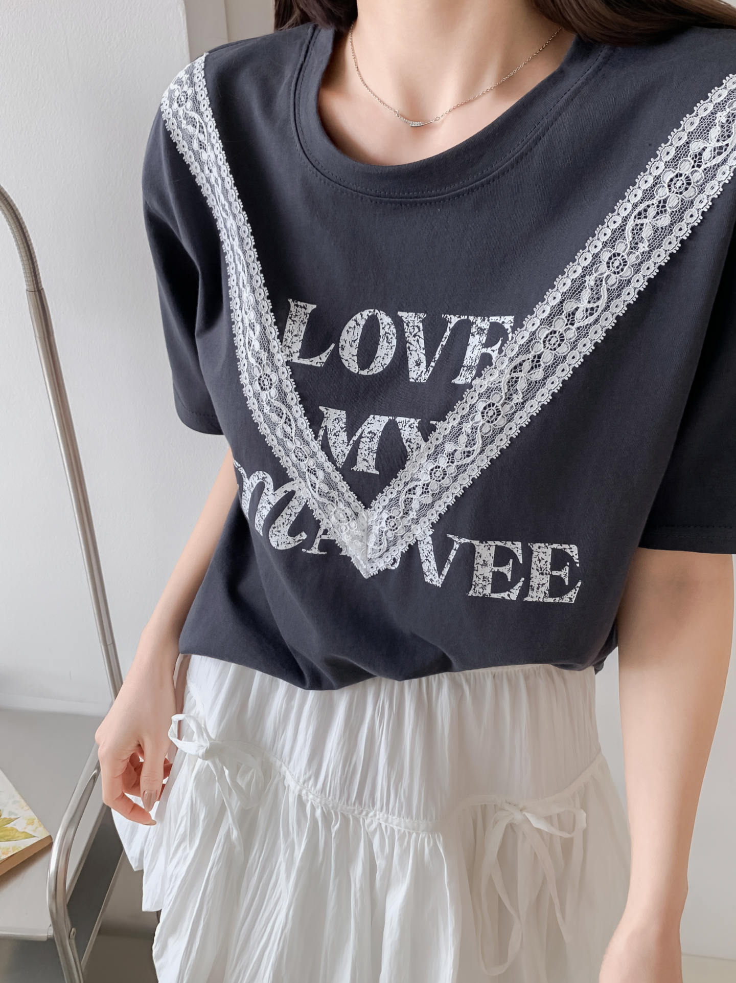 ラウンドネック半袖レタリングレースTシャツ | 詳細画像12