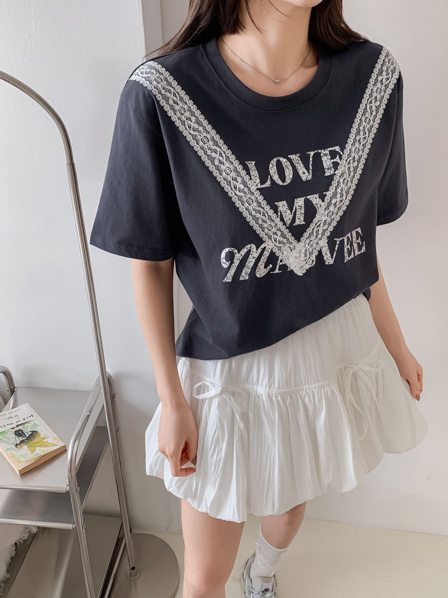 ラウンドネック半袖レタリングレースTシャツ | 詳細画像13