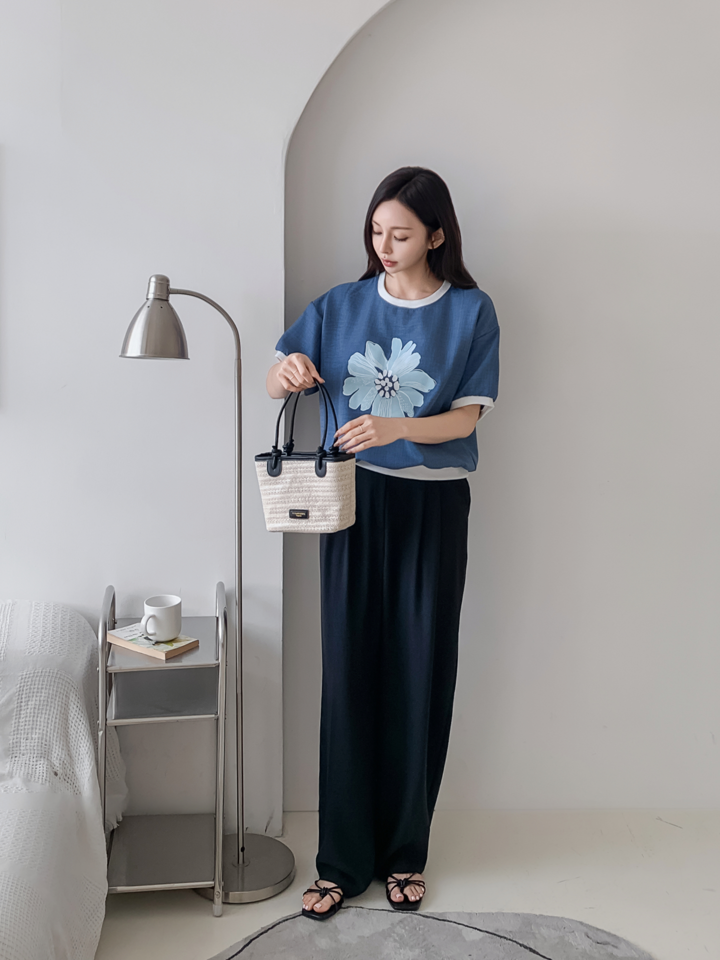 ラウンドネックパフスリーブ半袖ドロップショルダープリント配色ラインブラウス | 詳細画像7