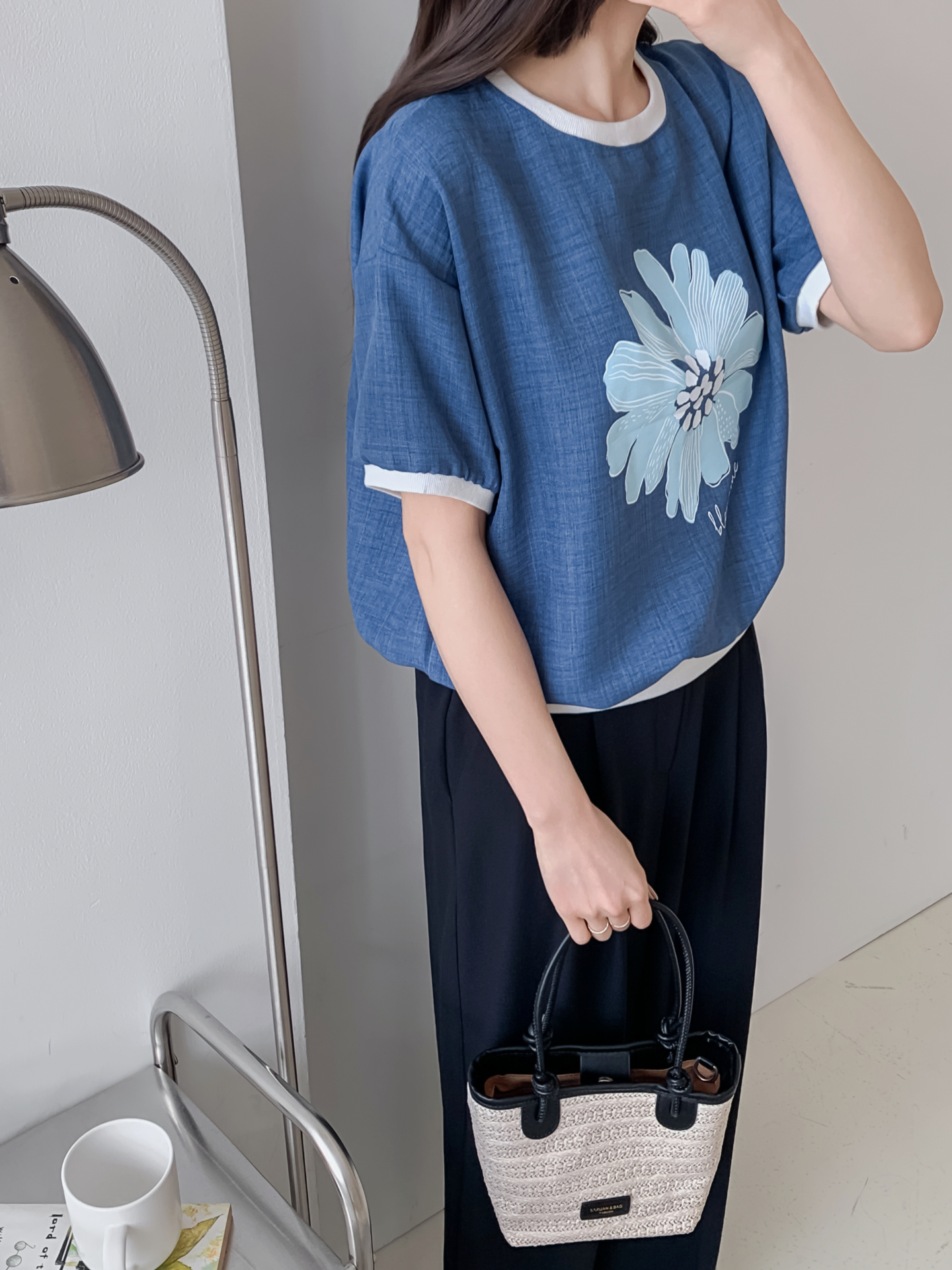 ラウンドネックパフスリーブ半袖ドロップショルダープリント配色ラインブラウス | 詳細画像10