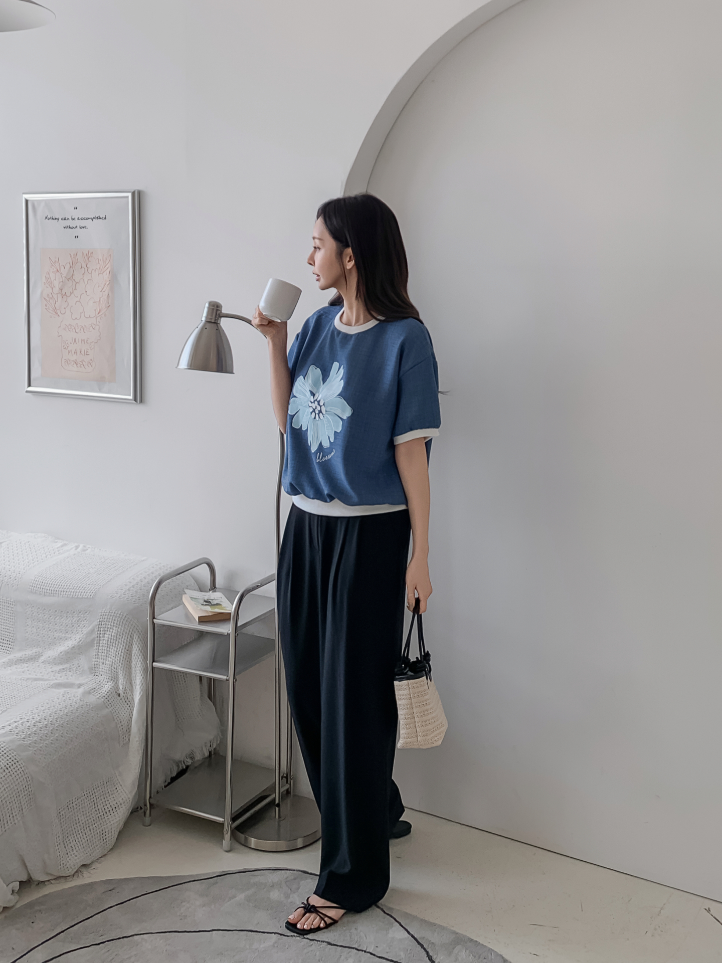 ラウンドネックパフスリーブ半袖ドロップショルダープリント配色ラインブラウス | 詳細画像13