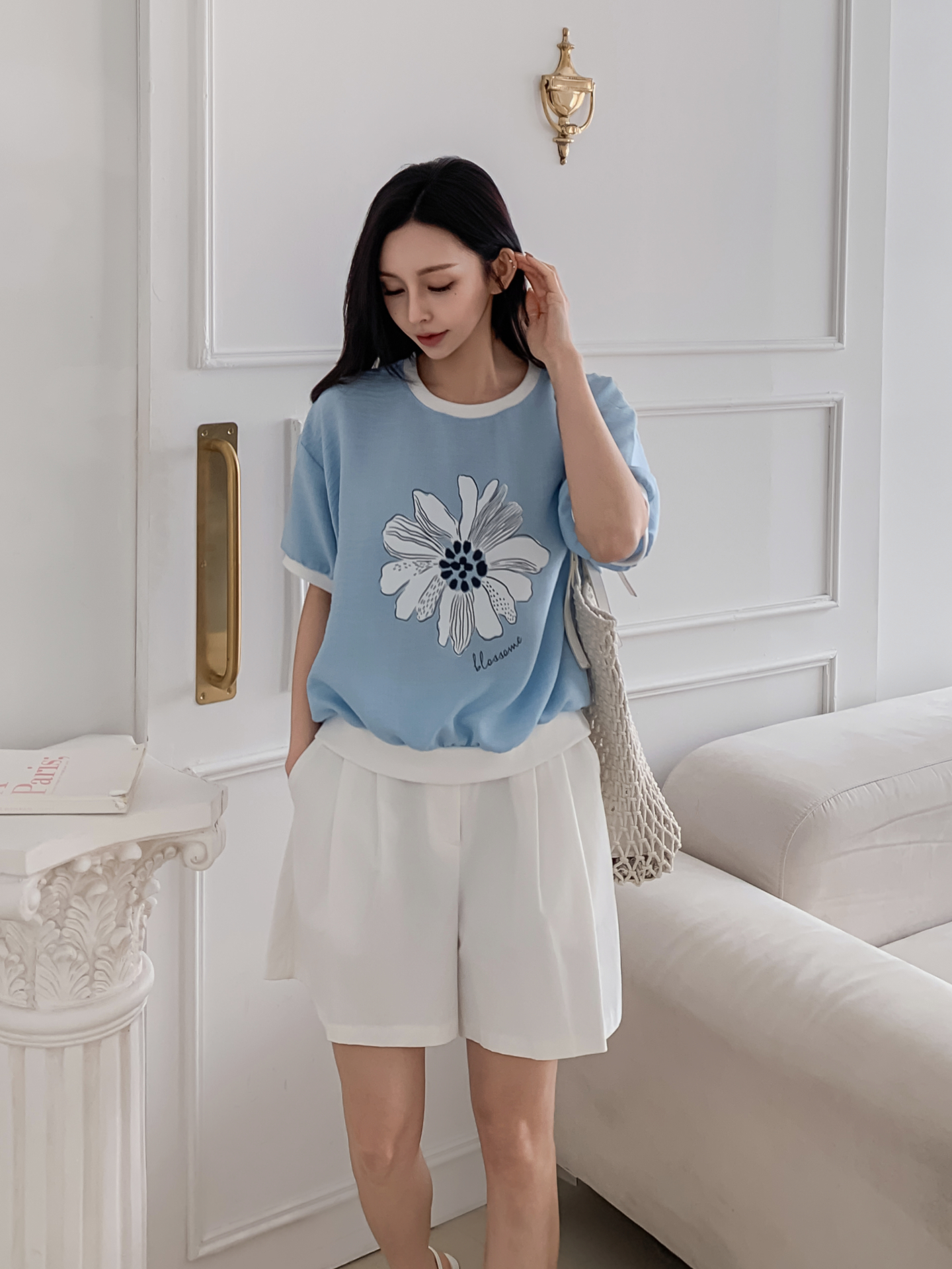 ラウンドネックパフスリーブ半袖ドロップショルダープリント配色ラインブラウス | 詳細画像18