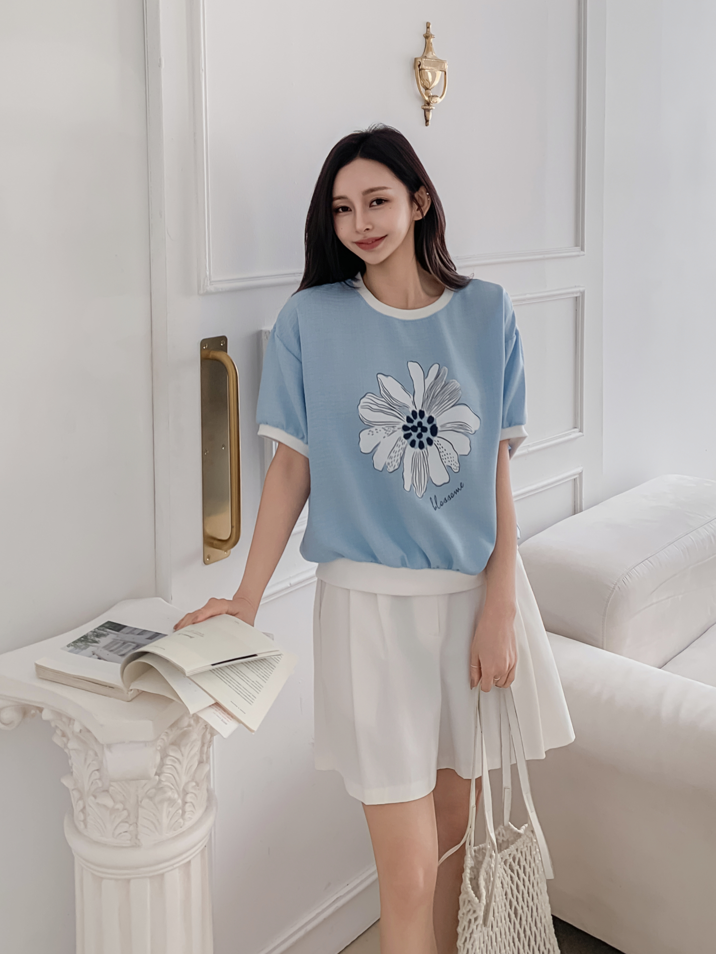 ラウンドネックパフスリーブ半袖ドロップショルダープリント配色ラインブラウス | 詳細画像19