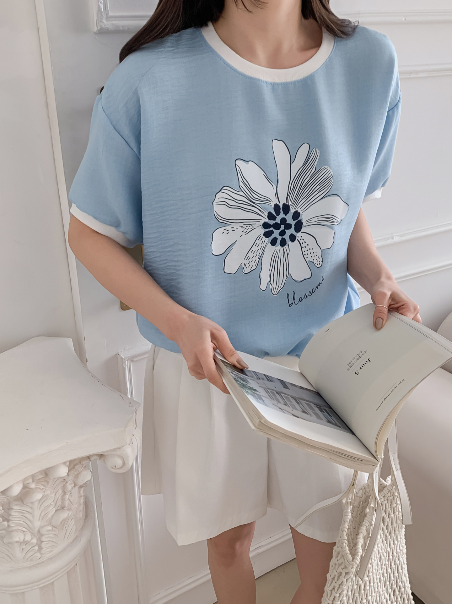 ラウンドネックパフスリーブ半袖ドロップショルダープリント配色ラインブラウス | 詳細画像20