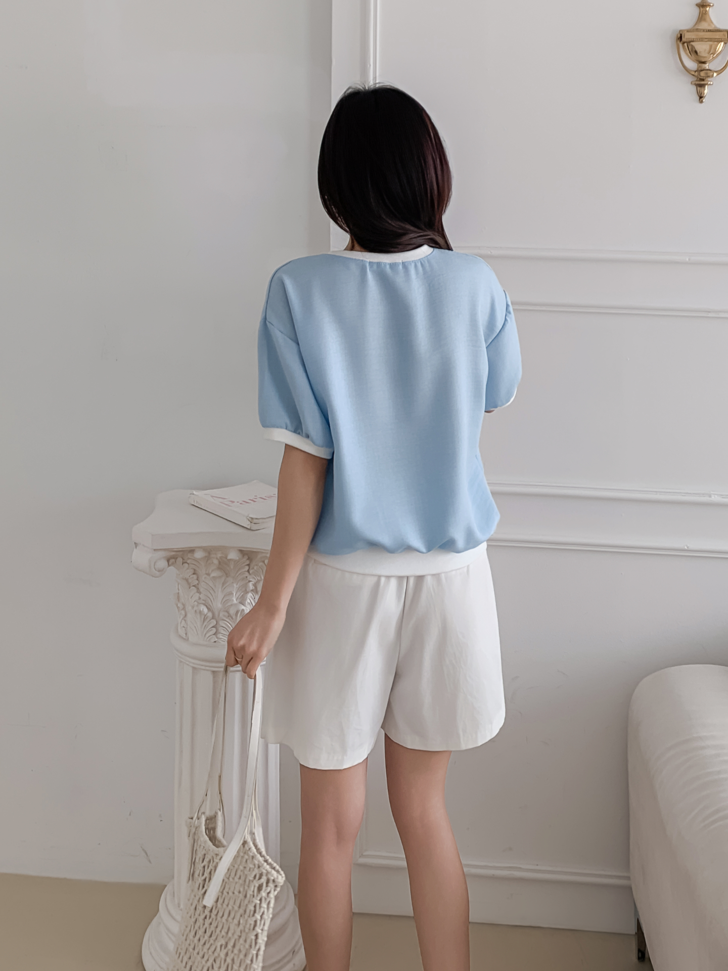 ラウンドネックパフスリーブ半袖ドロップショルダープリント配色ラインブラウス | 詳細画像21