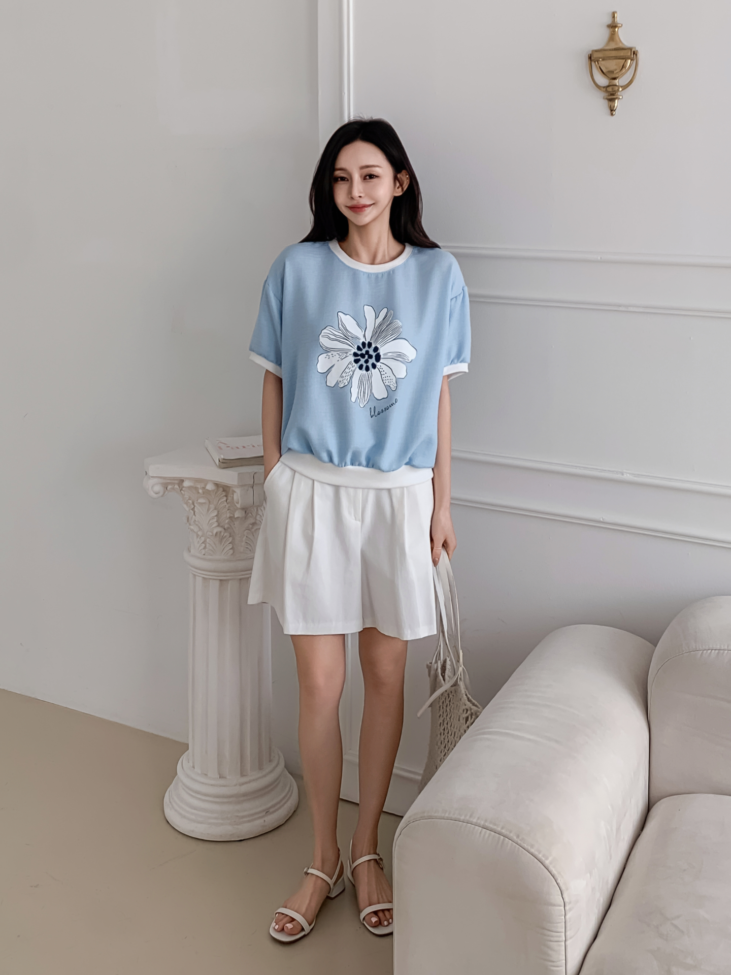 ラウンドネックパフスリーブ半袖ドロップショルダープリント配色ラインブラウス | 詳細画像24