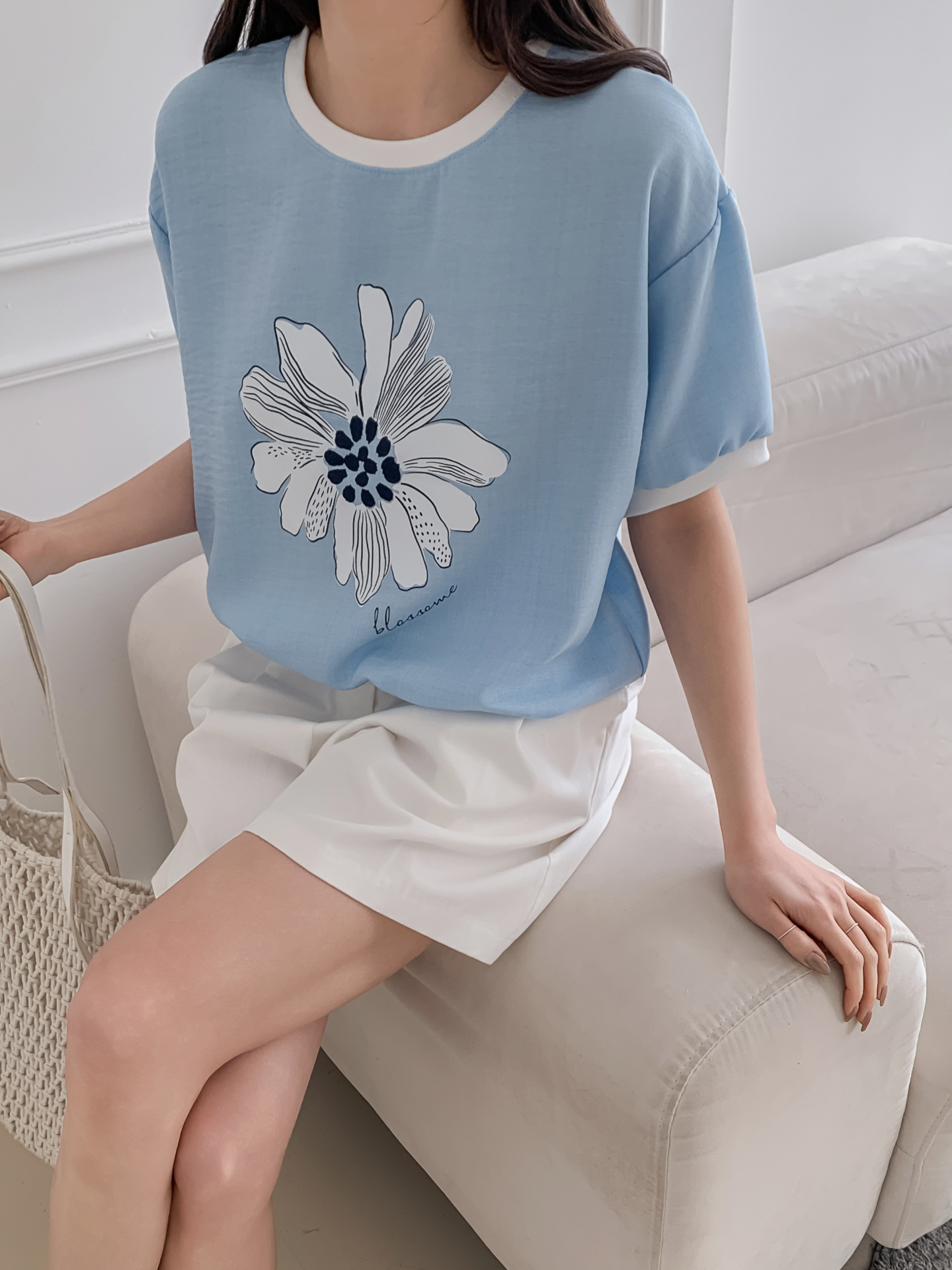 ラウンドネックパフスリーブ半袖ドロップショルダープリント配色ラインブラウス | 詳細画像26