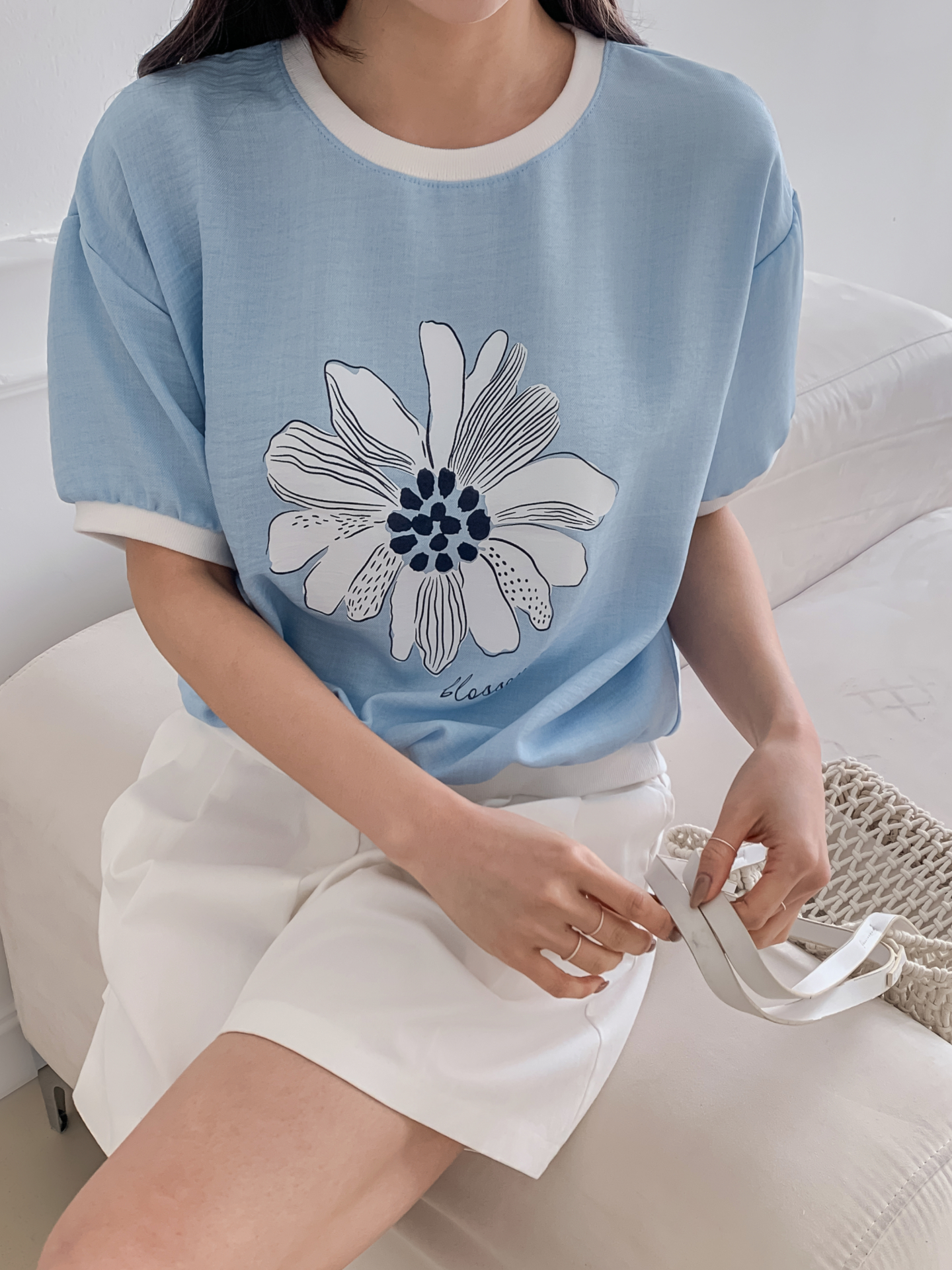 ラウンドネックパフスリーブ半袖ドロップショルダープリント配色ラインブラウス | 詳細画像27