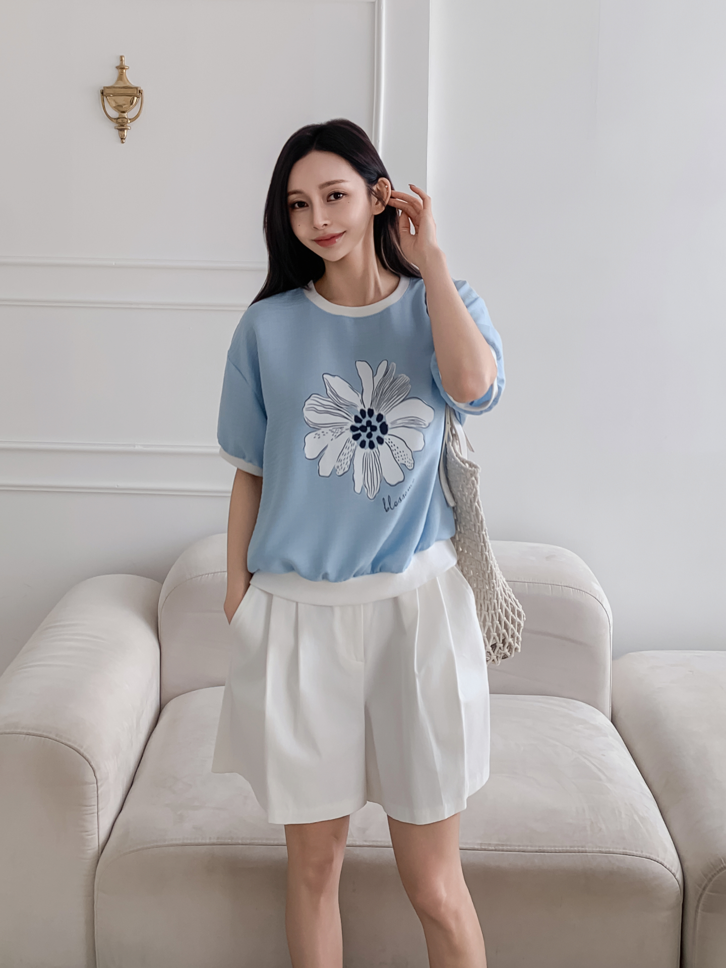 ラウンドネックパフスリーブ半袖ドロップショルダープリント配色ラインブラウス | 詳細画像28