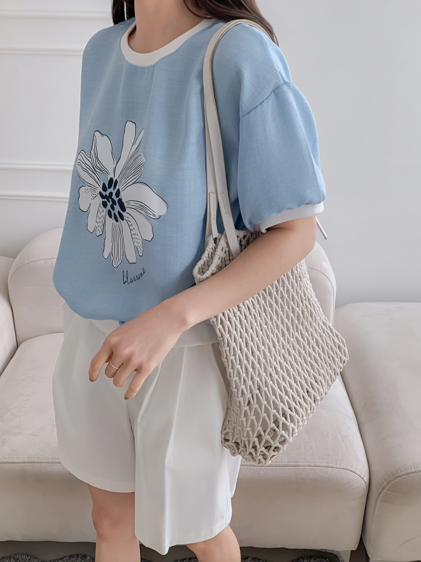 ラウンドネックパフスリーブ半袖ドロップショルダープリント配色ラインブラウス | 詳細画像29