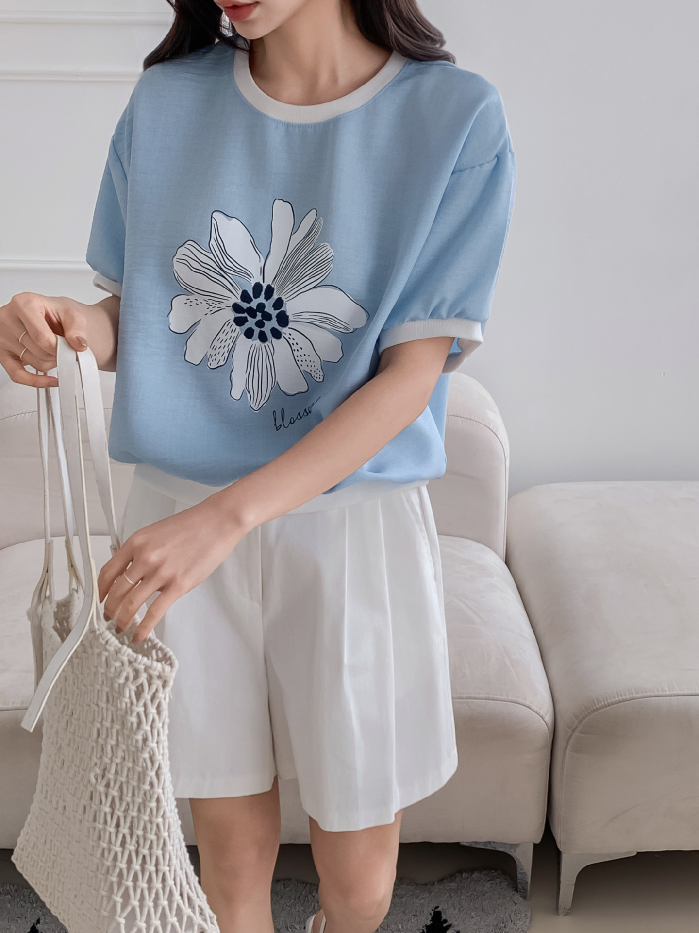 ラウンドネックパフスリーブ半袖ドロップショルダープリント配色ラインブラウス | 詳細画像30