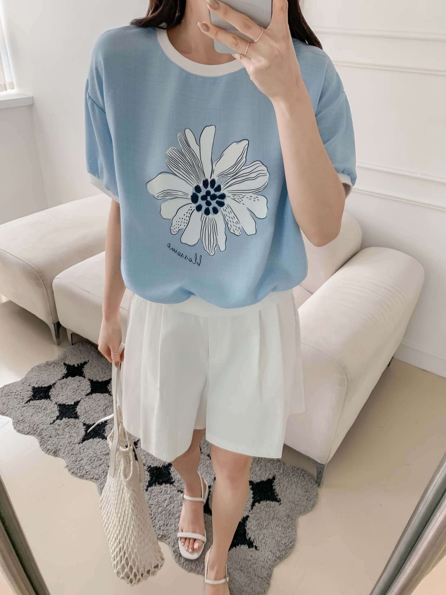 ラウンドネックパフスリーブ半袖ドロップショルダープリント配色ラインブラウス | 詳細画像31