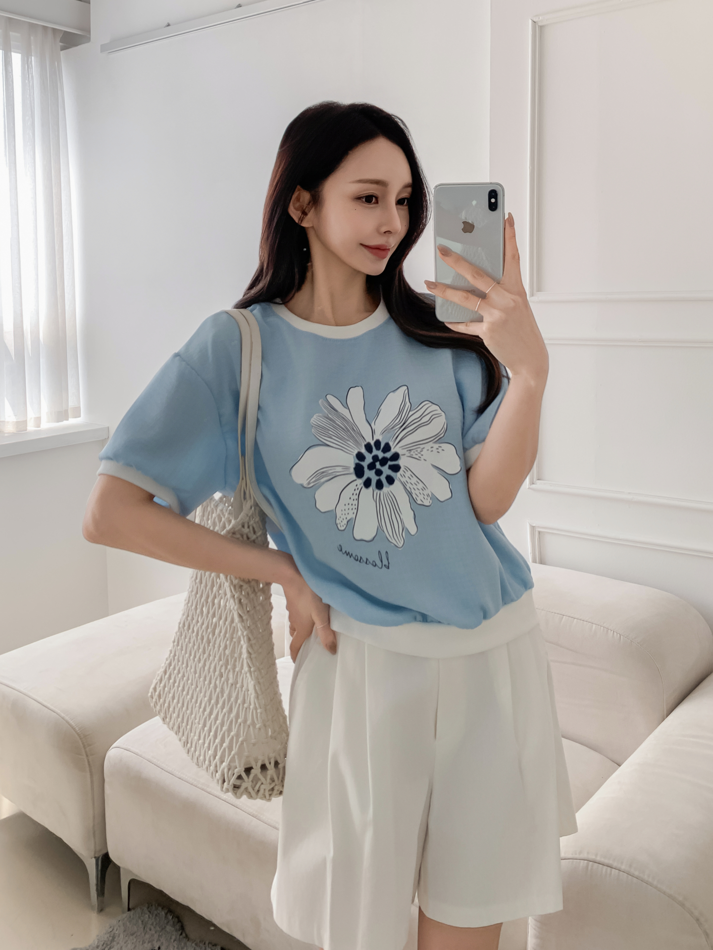 ラウンドネックパフスリーブ半袖ドロップショルダープリント配色ラインブラウス | 詳細画像32