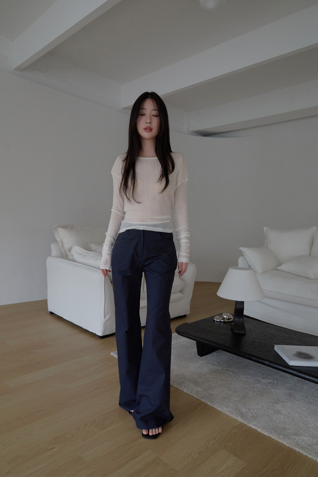 シースルーウール混ラウンドネックバックストラップ無地Tシャツ春夏秋 | 詳細画像2