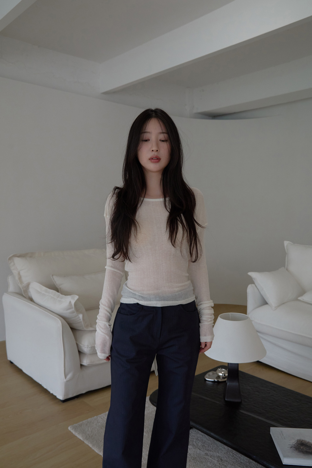 シースルーウール混ラウンドネックバックストラップ無地Tシャツ春夏秋 | 詳細画像5