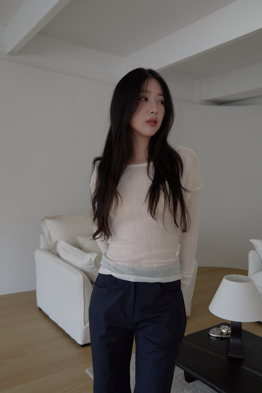 シースルーウール混ラウンドネックバックストラップ無地Tシャツ春夏秋 | 詳細画像6