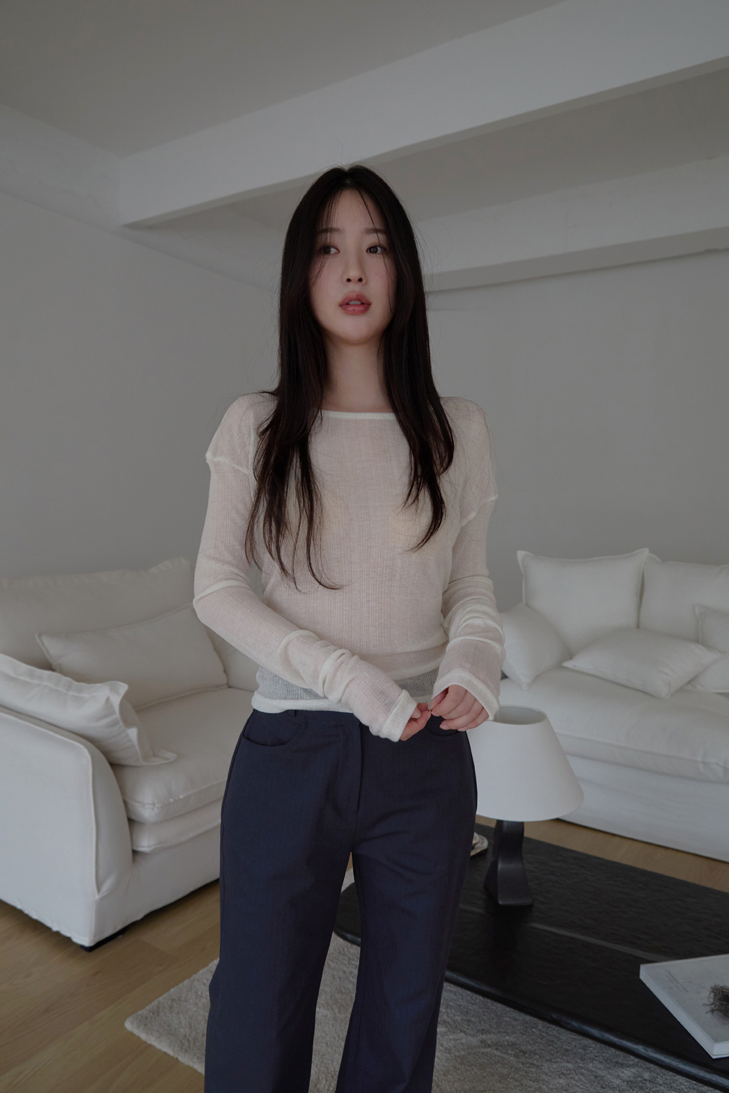 シースルーウール混ラウンドネックバックストラップ無地Tシャツ春夏秋 | 詳細画像8