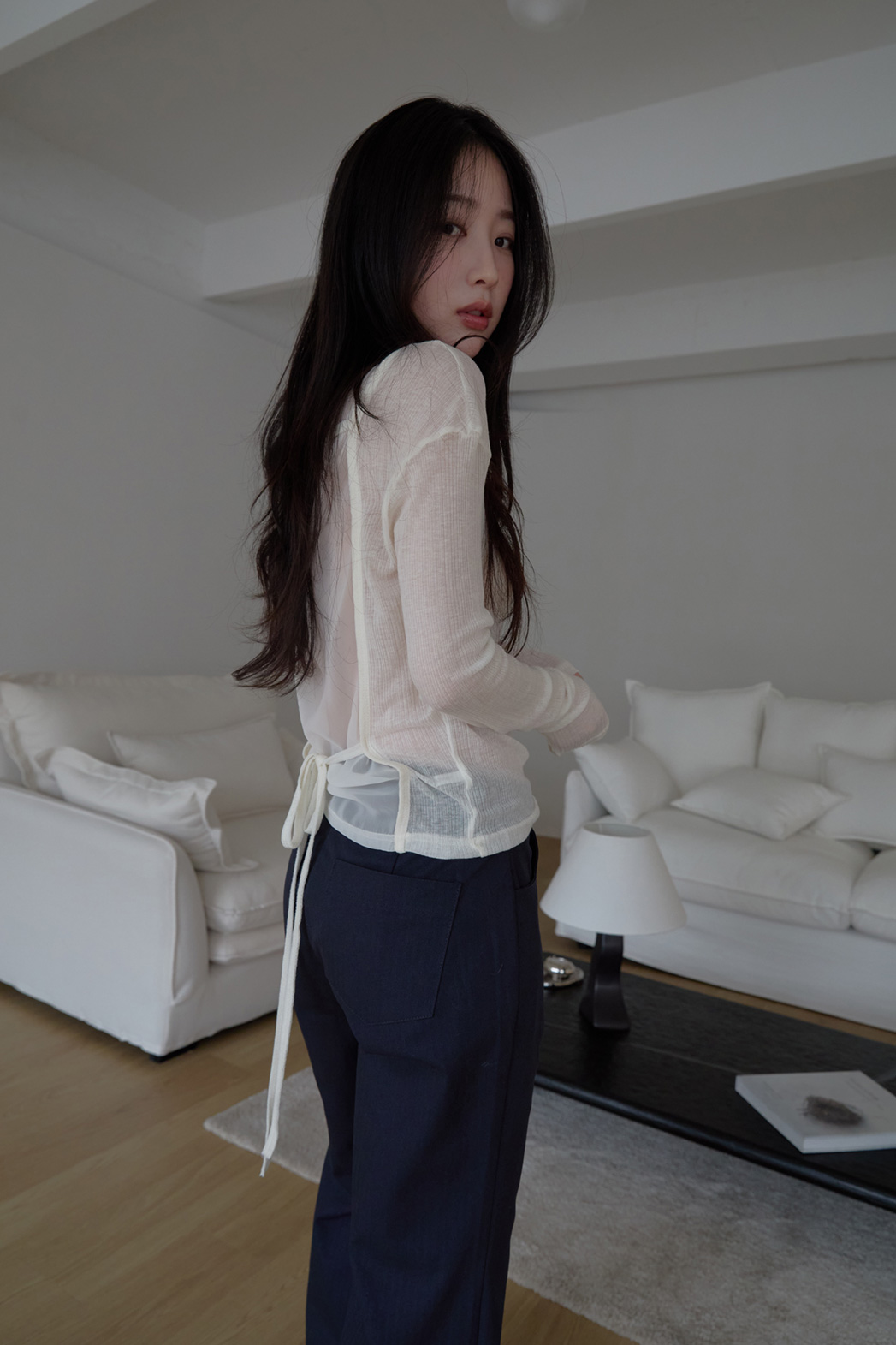 シースルーウール混ラウンドネックバックストラップ無地Tシャツ春夏秋 | 詳細画像9