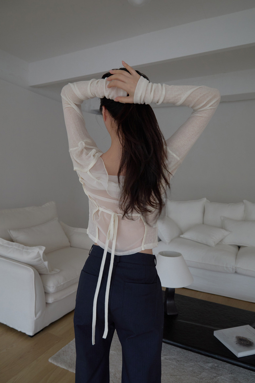 シースルーウール混ラウンドネックバックストラップ無地Tシャツ春夏秋 | 詳細画像10