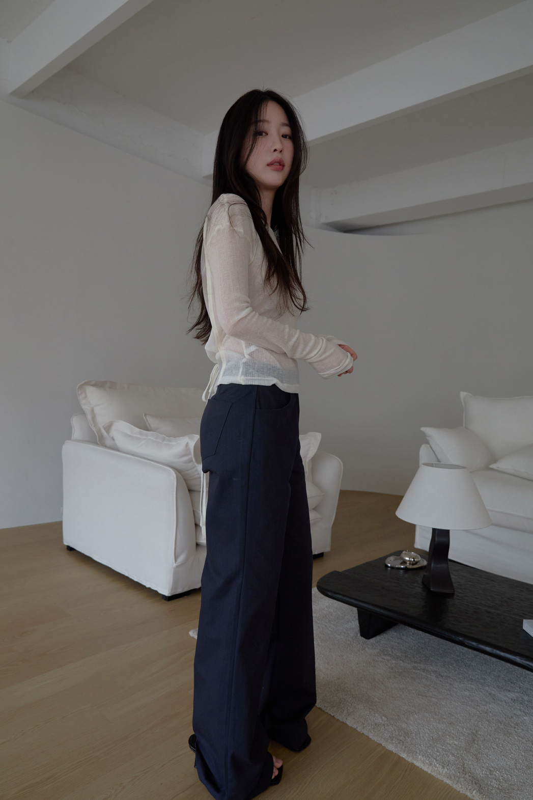 シースルーウール混ラウンドネックバックストラップ無地Tシャツ春夏秋 | 詳細画像12