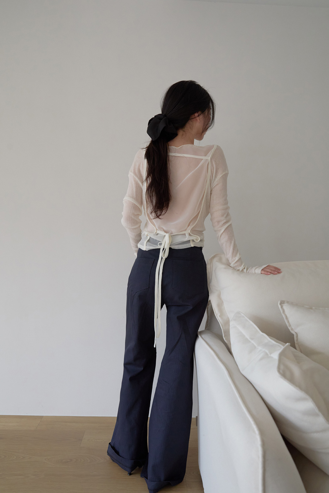 シースルーウール混ラウンドネックバックストラップ無地Tシャツ春夏秋 | 詳細画像14