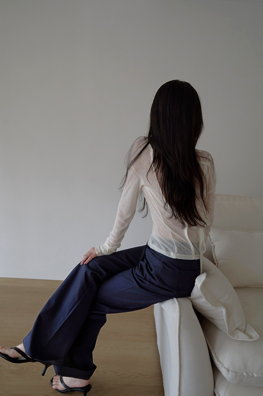 シースルーウール混ラウンドネックバックストラップ無地Tシャツ春夏秋 | 詳細画像15