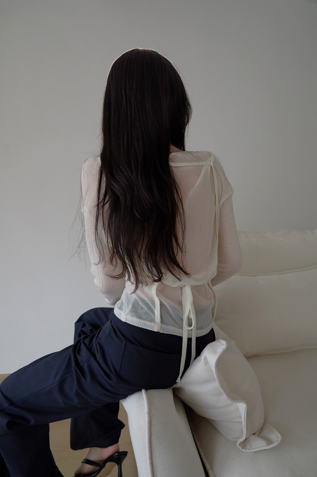 シースルーウール混ラウンドネックバックストラップ無地Tシャツ春夏秋 | 詳細画像16