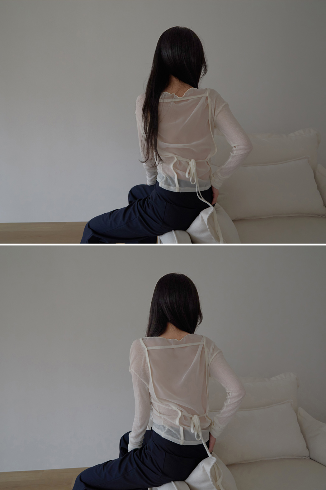 シースルーウール混ラウンドネックバックストラップ無地Tシャツ春夏秋 | 詳細画像17