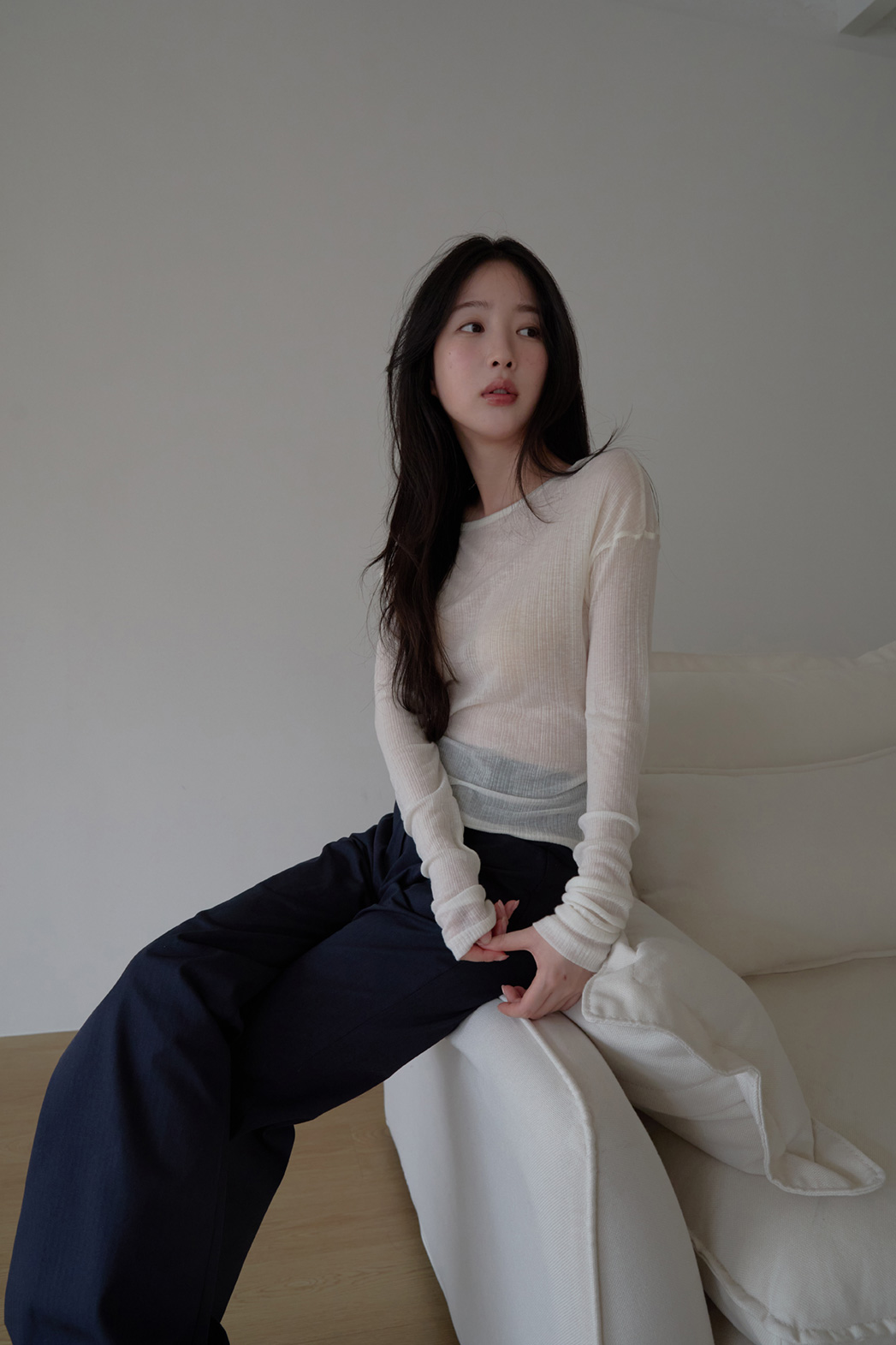 シースルーウール混ラウンドネックバックストラップ無地Tシャツ春夏秋 | 詳細画像18