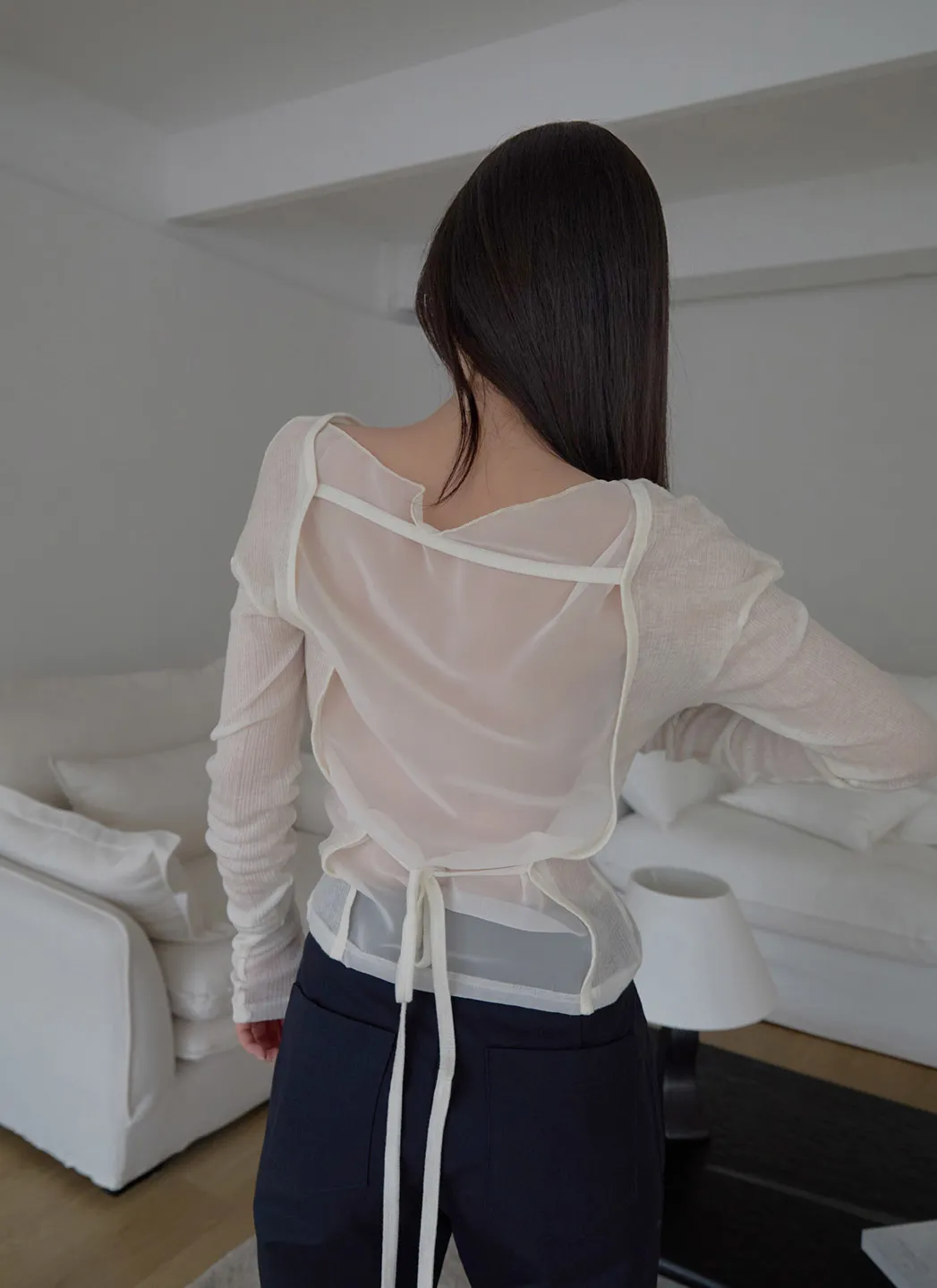 シースルーウール混ラウンドネックバックストラップ無地Tシャツ春夏秋 | 詳細画像1