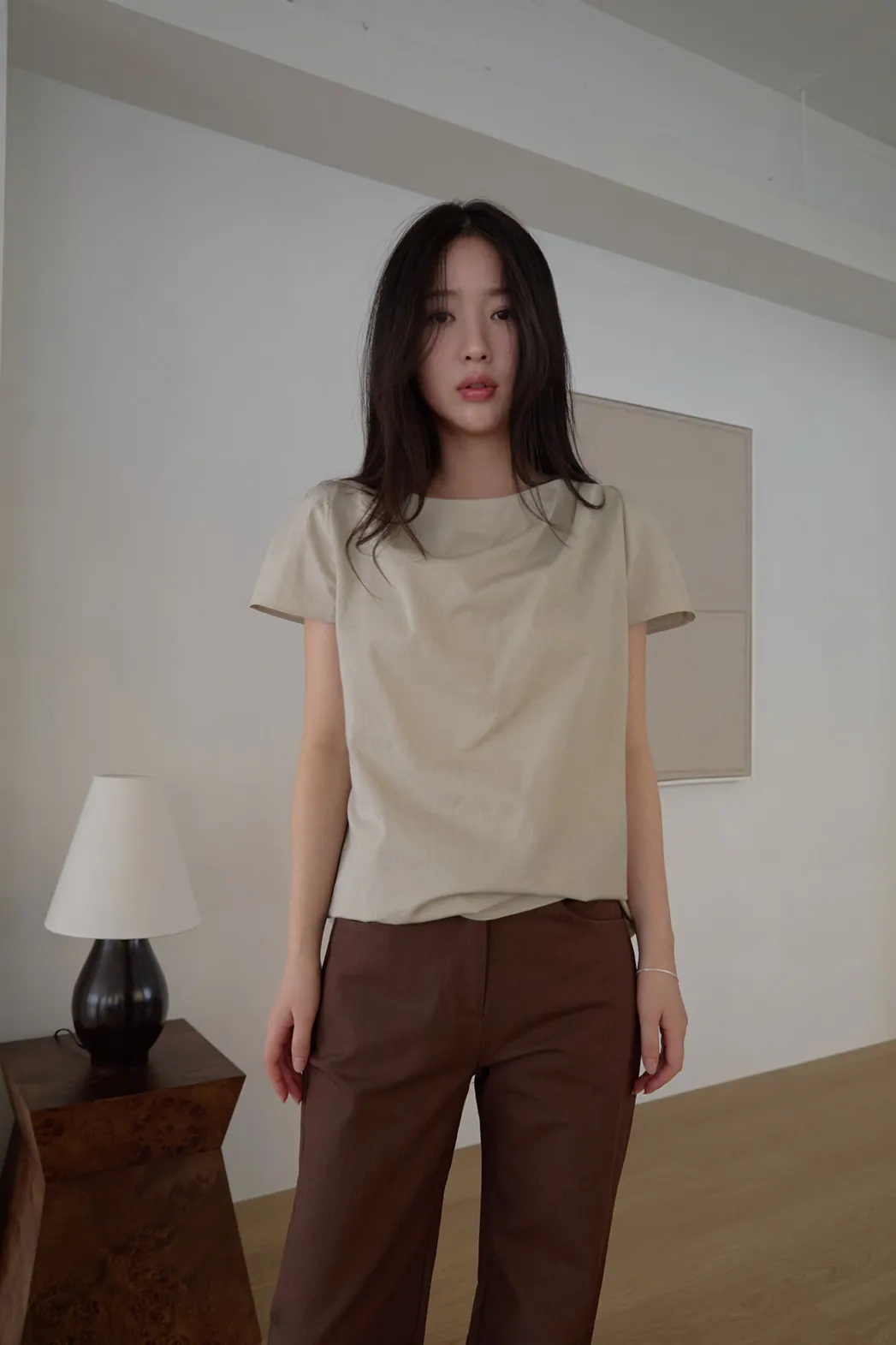 コットンストラップ半袖ギャザー無地ブラウス春夏秋 | 詳細画像1