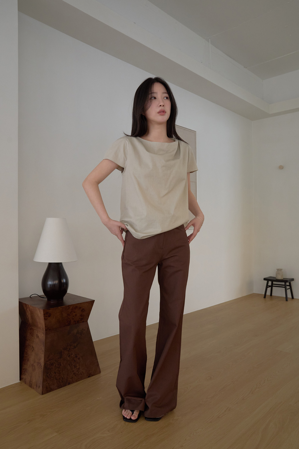 コットンストラップ半袖ギャザー無地ブラウス春夏秋 | 詳細画像2