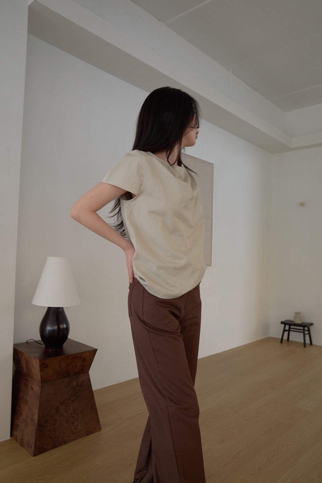 コットンストラップ半袖ギャザー無地ブラウス春夏秋 | 詳細画像5