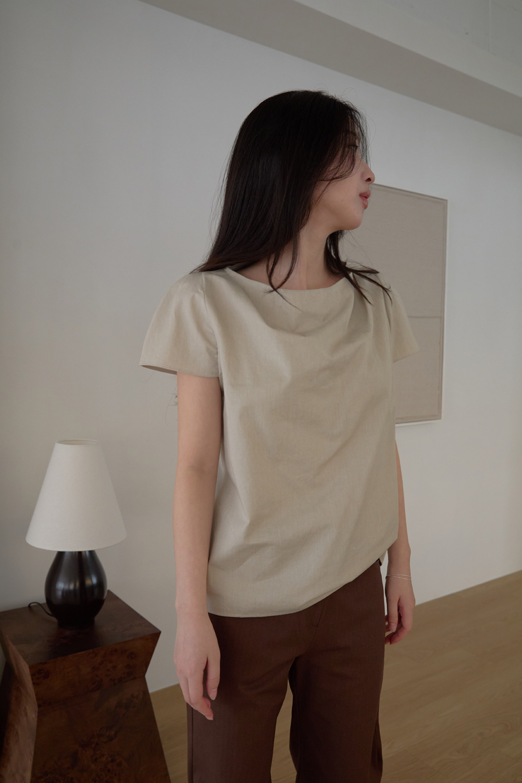 コットンストラップ半袖ギャザー無地ブラウス春夏秋 | 詳細画像6