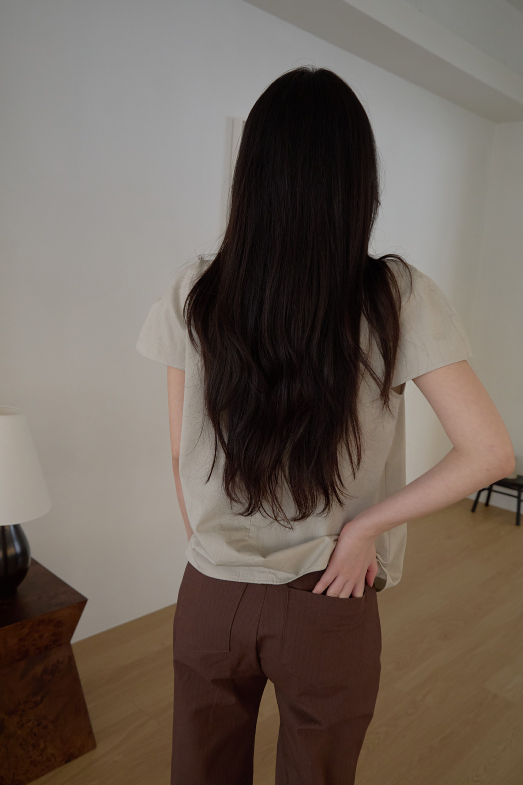 コットンストラップ半袖ギャザー無地ブラウス春夏秋 | 詳細画像7