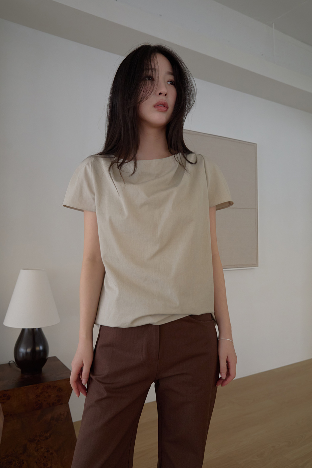 コットンストラップ半袖ギャザー無地ブラウス春夏秋 | 詳細画像15