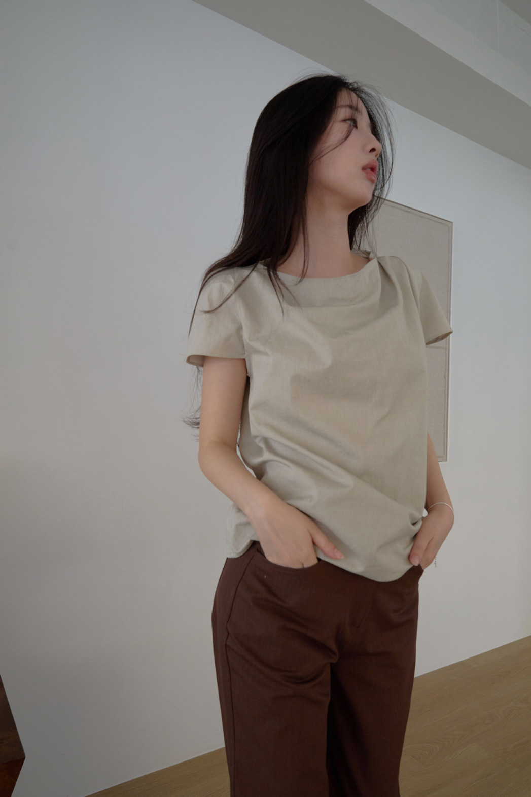 コットンストラップ半袖ギャザー無地ブラウス春夏秋 | 詳細画像17