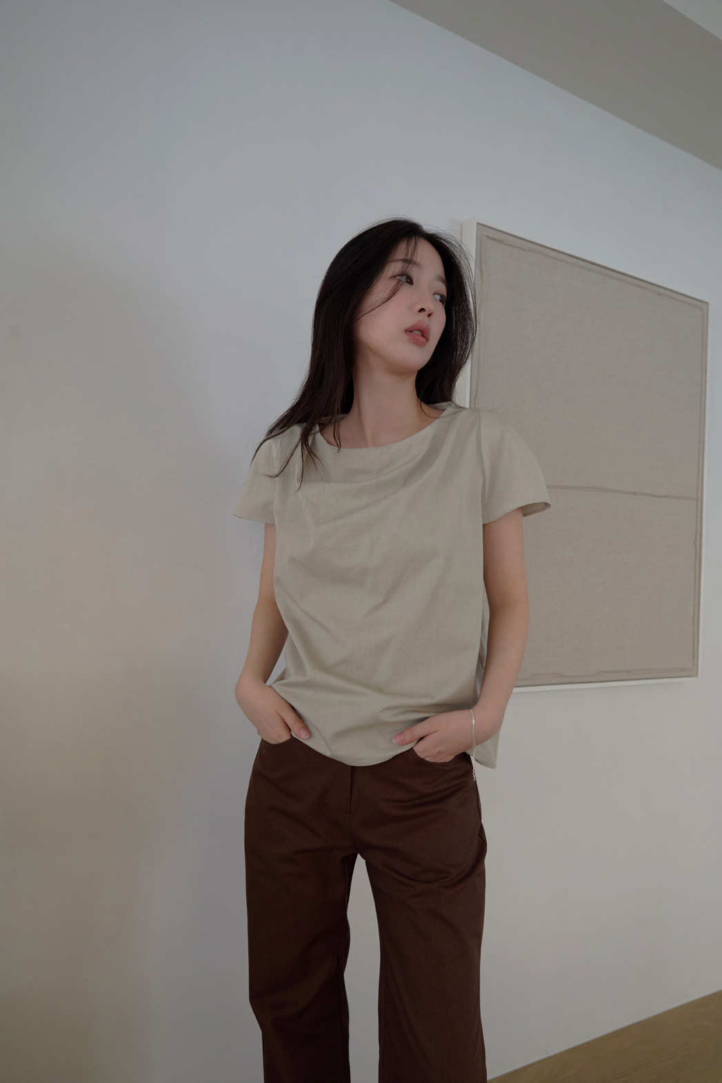 コットンストラップ半袖ギャザー無地ブラウス春夏秋 | 詳細画像18