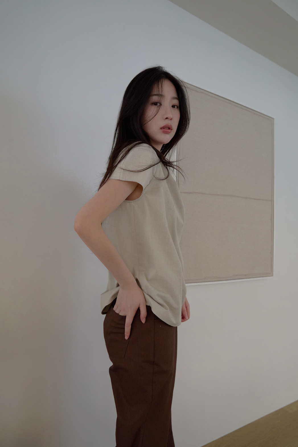 コットンストラップ半袖ギャザー無地ブラウス春夏秋 | 詳細画像19