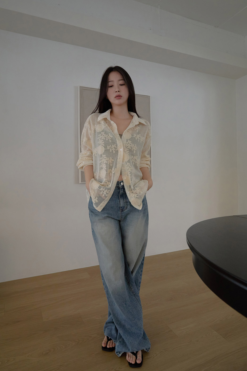 ベロアコットンボタンカラーオーバーサイズクロシェシャツ春夏秋 | 詳細画像2